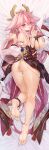  1girl anklet areolae ass bangs barefoot blush breasts censored detached_sleeves feet from_behind full_body genshin_impact hair_ornament highres japanese_clothes jewelry large_breasts long_hair long_sleeves looking_at_viewer looking_back miko no_panties obiwan parted_lips pink_hair purple_eyes solo thighs weisuoxin wide_sleeves yae_miko 