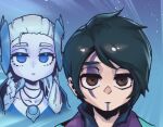 1boy 1girl alune_(league_of_legends) aphelios black_hair blue_eyes braid brother_and_sister closed_mouth expressionless facial_mark hair_ornament league_of_legends looking_at_viewer phantom_ix_row portrait shiny shiny_hair short_hair siblings starry_background 