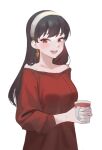  1girl :d bare_shoulders black_hair cup earrings hair_down hairband half-closed_eyes highres holding holding_cup jewelry long_hair looking_at_viewer misaka_03 open_mouth red_eyes red_sweater sidelocks simple_background smile solo spy_x_family sweater white_background yor_briar 
