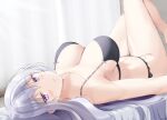  1girl bangs black_bra black_panties blush bra breasts curtains from_side grey_hair highres keenh knees_up large_breasts light_smile long_hair looking_at_viewer lying on_back original panties purple_eyes solo thighs underwear underwear_only 