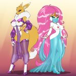  absurd_res anthro bandai_namco breasts clothing crovirus digimon digimon_(species) duo female fur hair hi_res high_heels legwear pink_hair renamon thigh_highs translucent translucent_clothing veil white_body white_fur yellow_body yellow_fur 