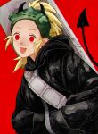  1girl :d black_hoodie blonde_hair case demon_horns demon_tail dorohedoro goggles goggles_on_head hands_in_pocket highres hood hood_down hoodie horns looking_at_viewer nikaidou_(dorohedoro) ponytail red_background red_eyes simple_background smile solo tail tsunko_(9v2_q) wide-eyed 