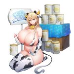  1girl alternate_hairstyle animal_ears animal_print areola_slip areolae baby_bottle bangs bear_ears bell bikini blue_eyes bottle breasts cow_ears cow_print cow_tail cowbell elbow_gloves english_text extra_ears frigga_(last_origin) full_body gigantic_breasts gloves grin hair_down highres jam_(nandade) lap_pillow_invitation last_origin mole mole_under_mouth neck_bell official_art seiza signpost sitting smile solo swimsuit tachi-e tail thighhighs transparent_background 