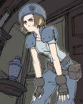  1girl absurdres belt black_belt blue_eyes blue_pants capcom door fingerless_gloves gloves highres indoors jill_valentine pants pantsu-ripper resident_evil solo star_(symbol) uniform 