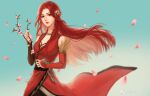  1girl absurdres asymmetrical_sleeves bi_ting_(xia_lan) blue_sky branch collared_dress dress highres holding holding_branch long_hair looking_at_viewer mismatched_sleeves petals red_dress red_hair sash sky smile xia_lan xia_lan_bi_ting_chao_hua 