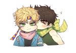  2boys bare_shoulders battle_tendency biting blonde_hair blue_jacket bow brown_hair caesar_anthonio_zeppeli cheek_biting chibi clenched_hand facial_mark feather_hair_ornament feathers fingerless_gloves gloves green_eyes hair_ornament headband jacket jojo_no_kimyou_na_bouken joseph_joestar joseph_joestar_(young) male_focus multicolored_clothes multicolored_scarf multiple_boys ranch_jjba scarf scarf_bow shirt striped striped_scarf tight tight_shirt vertical-striped_scarf vertical_stripes 
