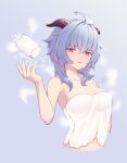  1girl ahoge bangs blue_hair blush bottle breasts chan_sang cleavage collarbone eyebrows_visible_through_hair ganyu_(genshin_impact) genshin_impact horns looking_at_viewer medium_breasts milk milk_bottle parted_lips purple_eyes sidelocks solo spilled_milk upper_body 