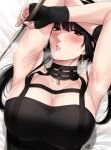  1girl arm_over_head armpits arms_on_head arms_up bangs bed_sheet black_gloves black_hair blush breasts cleavage close-up fingerless_gloves gloves gold_hairband highres large_breasts lips long_hair looking_at_viewer lying on_back parted_lips red_eyes signature solo spy_x_family upper_body xter yor_briar 