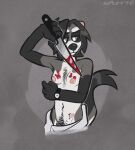  andromorph andromorph_(lore) anthro black-footed_ferret blood blood_on_chest blood_on_weapon bodily_fluids body_hair brown_body brown_fur chest_hair clock cutlery eye_spots fleetwoodbrak fur grey_background grey_body grey_fur half-closed_eyes hi_res intersex kenny_(fleetwoodbrak) kitchen_knife kitchen_utensils knife mammal moobs mustela mustelid musteline narrowed_eyes pubes pubes_exposed simple_background solo tan_body tan_fur tools trans_(lore) trans_man_(lore) true_musteline watch weapon wristwatch 