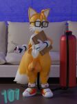  absurd_res air_tank anthro balls blender_(software) blender_cycles blue_eyes canid canine clothing digital_media_(artwork) eyewear footwear fox fur genitals glasses gloves hair handwear hi_res hose hose_in_butt imminent_inflation male mammal miles_prower onehundredandone penis sega shoes smile solo sonic_the_hedgehog_(series) video_games yellow_body 