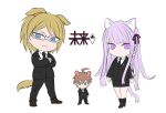  1girl 2boys ahoge animal_ears bangs black_jacket black_necktie black_pants black_skirt braid brown_eyes brown_footwear cat_ears cat_girl cat_tail collared_shirt danganronpa_(series) danganronpa_3_(anime) dog_boy dog_ears dog_tail full_body glasses hair_ribbon height_difference highres jacket kirigiri_kyouko kuangtai_(amami_ryoko) looking_at_viewer mouse_boy mouse_ears multiple_boys naegi_makoto necktie pants pink_hair purple_ribbon ribbon semi-rimless_eyewear shirt side_braid skirt smile standing tail togami_byakuya 