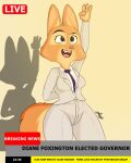  anthro blouse canid canine clothing diane_foxington dreamworks eyebrows fangs female formal_clothing formal_wear fox greeting hi_res mammal necktie news news_report pixyfox23 simple_background smile solo suit the_bad_guys thick_eyebrows topwear 