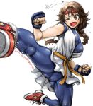  1girl amania_orz braid breasts brown_eyes brown_hair cleavage dated dougi fingerless_gloves gloves headband large_breasts long_hair looking_at_viewer open_mouth ryuuko_no_ken shoes simple_background single_braid smile sneakers solo spandex the_king_of_fighters twitter_username white_background yuri_sakazaki 