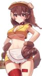  1girl :&lt; animal_ears animal_hands apron armpit_peek ass_visible_through_thighs bare_shoulders breasts brown_hair cleavage closed_mouth collar collarbone cowboy_shot crop_top crop_top_overhang dog_ears dog_girl dog_tail doggy_god&#039;s_street gloves hands_on_hips highres hololive inugami_korone long_hair looking_at_viewer medium_breasts midriff miniskirt navel no_bra paw_gloves red_eyes red_legwear shirt single_thighhigh skirt sleeveless sleeveless_shirt solo stomach tail thigh_gap thighhighs thighs underboob virtual_youtuber visor_cap waist_apron woogi_(duguddnr) yellow_shirt yellow_skirt 