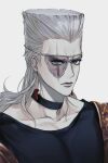  1boy blue_eyes choker earrings eyepatch flattop grey_hair highres jean_pierre_polnareff jewelry jojo_no_kimyou_na_bouken long_hair male_focus mullet portrait ranch_jjba see-through solo vento_aureo 