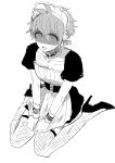  1boy alternate_costume amami_rantarou antenna_hair apron bangs collarbone crossdressing danganronpa_(series) danganronpa_v3:_killing_harmony dress enmaided fishnet_legwear fishnets grey_background high_heels looking_up maid maid_headdress nabu_(d4ng4nn6bu12) open_mouth puffy_short_sleeves puffy_sleeves seiza shoes short_hair short_sleeves simple_background sitting solo sweat thighhighs 