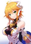  1girl bare_shoulders blonde_hair breasts cawang cyborg fiora_(xenoblade) green_eyes grey_background highres mecha-fiora medium_breasts short_hair smile twitter_username upper_body white_background xenoblade_chronicles xenoblade_chronicles_(series) 