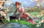  1girl bi_ting_(xia_lan) blue_sky bored building dress flower grass highres jingasa koi mountain pond ponytail red_dress red_hair ripples rock sky solo stick veil water xia_lan xia_lan_bi_ting_chao_hua 