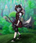  absurd_res anthro archer armor arrow_(weapon) augmented_waffles black_nose bow_(weapon) brown_hair canid canine clothing digitigrade facial_markings fantasy forest forest_background fox fur grass green_eyes grey_body grey_fur hair head_markings hi_res leather leather_clothing male mammal markings nature nature_background plant ranged_weapon snowy_(snowyfloof) solo tree weapon white_body white_fur 