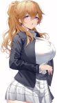  1girl :o absurdres bangs black_jacket blonde_hair breasts collared_shirt eyebrows_visible_through_hair from_side highres jacket konoe_kanata large_breasts long_hair long_sleeves looking_at_viewer looking_to_the_side love_live! love_live!_nijigasaki_high_school_idol_club namazu_(yamasonson) open_clothes open_jacket open_mouth ponytail purple_eyes shirt shirt_tucked_in simple_background skirt white_background white_shirt white_skirt 