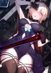  1girl artoria_pendragon_(fate) bangs black_coat black_gloves black_legwear blonde_hair blush breasts coat commentary commentary_request excalibur_morgan_(fate) eyebrows_visible_through_hair fate/grand_order fate_(series) food gloves hair_ornament highres lying medium_breasts ninoude_(ninoude44) on_back parted_lips popsicle saber_alter solo sword thighhighs thighs tiara weapon 