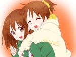  2girls brown_eyes brown_hair closed_eyes commentary green_jacket hair_ornament hair_ribbon hairclip highres hirasawa_ui hirasawa_yui hug hug_from_behind jacket k-on! long_sleeves maou_(ajtdmw369) multiple_girls open_mouth ribbon short_hair short_ponytail smile teeth upper_body upper_teeth yellow_jacket yellow_ribbon 