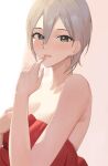  1girl :d absurdres bare_shoulders blanket_hug blush breasts cleavage completely_nude grey_hair hair_between_eyes highres idolmaster idolmaster_cinderella_girls light_smile looking_at_viewer nude shiomi_syuko short_hair smile solo starshell upper_body 