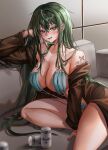  1girl absurdres beer_can breasts can cleavage couch fang green_eyes green_hair hair_between_eyes hand_on_own_face highres jacket large_breasts long_hair nail_polish nompang off_shoulder original sitting skin_fang slingshot_swimsuit solo sweat swimsuit tattoo very_long_hair 