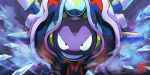  blurry cloyster commentary_request film_grain grin highres ice_shard looking_at_viewer no_humans pokemon pokemon_(creature) red_eyes shachi_mr smile solo 