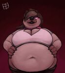  &lt;3 2021 anthro bangs belly big_belly big_breasts black_lips breasts brown_hair chubby_female cleavage_cutout clothing collar dewlap_(anatomy) double_chin ear_piercing female fur glowing glowing_eyes hair hand_on_stomach hi_res hyaenid leena_(miltonholmes) lips looking_at_viewer looking_down_at_viewer mammal miltonholmes nails navel one_eye_obstructed overweight overweight_female piercing pink_collar pink_eyes presenting_belly purple_clothing shirt slightly_chubby smile smiling_at_viewer solo thick_thighs topwear watermark white_clothing white_shirt white_topwear 