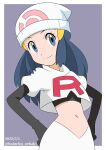  1girl beanie black_gloves border closed_mouth commentary_request cosplay dated dawn_(pokemon) elbow_gloves eyelashes gloves grey_background grey_eyes hainchu hair_ornament hairclip hat highres jacket jessie_(pokemon) jessie_(pokemon)_(cosplay) logo long_hair navel outside_border poke_ball_print pokemon pokemon_(anime) pokemon_dppt_(anime) skirt smile solo split_mouth team_rocket team_rocket_uniform white_border white_headwear white_jacket white_skirt 