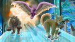  absurd_res avian canid canine canis domestic_dog explosion feral futuristic group gryphon hi_res mammal mythological_avian mythology pyramid towers trio universaldragon ursid 