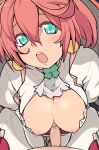  1boy 1girl breasts censored cleavage clover commentary_request cum cum_on_body cum_on_breasts elphelt_valentine four-leaf_clover green_eyes guilty_gear guilty_gear_xrd heart heart-shaped_pupils henyaan_(oreizm) hetero highres large_breasts mosaic_censoring nipples out_of_frame paizuri penis perpendicular_paizuri pink_hair pov pov_crotch solo_focus sweat symbol-shaped_pupils 