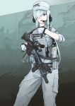  absurdres baseball_cap blue_eyes gloves gun hat hataraku_saibou hataraku_saibou_black headset highres khaid_shiden military rifle tactical_clothes trigger_discipline u-1196 weapon white_blood_cell_(hataraku_saibou) white_hair 