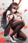  1girl absurdres animal_ears azur_lane bangs black_legwear black_skirt blush breasts brown_eyes brown_hair chikuma_(azur_lane) closed_mouth crossed_bangs earrings hair_ornament hand_on_own_chest high_heels highres jewelry kangaruu_(momotk1109) large_breasts leaf long_hair long_sleeves looking_at_viewer maple_leaf necktie orange_necktie rabbit_ears rabbit_girl sideboob skirt smile solo thighhighs thighs white_footwear 