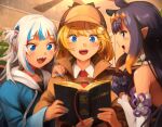  3girls bangs bible black_hair blonde_hair blue_eyes blue_hair blue_nails blunt_bangs blush book brown_coat brown_headwear coat collared_shirt detached_sleeves english_commentary gawr_gura gloves hair_flaps hair_ornament holding holding_book hololive hololive_english hood hoodie khyle. long_hair looking_at_another multicolored_hair multiple_girls nail_polish necktie ninomae_ina&#039;nis one_side_up open_mouth purple_eyes reading red_necktie shark_hair_ornament sharp_teeth shirt short_hair sidelocks streaked_hair teeth tentacle_hair two-tone_hair upper_body watson_amelia white_hair 