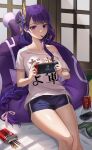  1girl absurdres alternate_costume bangs bean_bag_chair blush book braid braided_ponytail can casual cellphone clothes_writing coca-cola collarbone controller flower food game_controller genshin_impact hair_flower hair_ornament highres holding holding_controller holding_game_controller indoors looking_at_viewer mole mole_under_eye nintendo_switch on_floor phone pocky pocky_in_mouth print_shirt purple_eyes purple_hair raiden_shogun shirt short_shorts shorts single_bare_shoulder sitting skl slime_(genshin_impact) smartphone snack soda_can solo strap_slip t-shirt thighs translation_request 