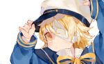  1boy :/ adjusting_clothes adjusting_headwear bandage_over_one_eye bangs blonde_hair blush bow child flipped_hair hand_on_headwear hat high_collar highres long_sleeves looking_up male_focus medium_hair oliver_(vocaloid) sailor_collar sailor_hat solo thebrushking vocaloid yellow_eyes 