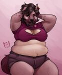  &lt;3 2022 anthro belly big_belly big_breasts black_hair black_lips breasts chubby_female cleavage_cutout clothing collar colored_nails ear_piercing fangs fat_rolls female fur fur_tuft hair hand_on_head hi_res hyaenid leena_(miltonholmes) lips looking_at_viewer mammal miltonholmes nails overweight overweight_female piercing pink_eyes purple_clothing purple_shirt purple_topwear shirt slightly_chubby smile smiling_at_viewer solo spots spotted_body spotted_fur thick_thighs topwear tuft watermark 