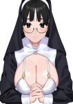  1girl absurdres bangs black_eyes black_hair blush bra breasts cleavage commentary_request eyebrows_visible_through_hair fffukuzawa glasses highres large_breasts long_sleeves looking_at_viewer nun original own_hands_clasped own_hands_together semi-rimless_eyewear simple_background solo underwear upper_body veil white_background white_bra 