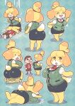  1boy 1girl animal_crossing animal_ears blonde_hair blue_background blush breasts commentary_request curvy dog_girl fallen_down from_behind furry furry_female green_background isabelle_(animal_crossing) large_breasts looking_at_viewer lying multiple_views on_back on_stomach open_mouth outline shadow sitting sitting_on_face smile standing standing_on_one_leg tail thick_thighs thighs tripping white_outline yoshino_norihito 
