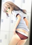  1girl bangs black_bow blurry blurry_background blush bow brown_hair buruma closed_mouth commentary_request depth_of_field eyebrows_visible_through_hair green_eyes gym_shirt gym_uniform hair_bow highres locker locker_room long_hair looking_at_viewer looking_back low_ponytail original panties panties_under_buruma ponytail red_buruma shibacha shirt short_sleeves solo standing underwear white_panties white_shirt 