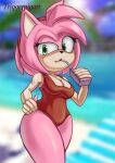  absurd_res amy_rose anthro beverage blurred_background breasts cleavage clothed clothing eulipotyphlan eyebrows female hand_on_hip hedgehog hi_res holding_beverage holding_object juice_box looking_at_viewer mammal one-piece_swimsuit raised_eyebrow sega solo sonic_the_hedgehog_(series) swimwear triggerpigart 