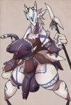  absurd_res anthro balls big_breasts breasts clothed clothing dragon genitals gynomorph hi_res holding_object holding_spear holding_weapon intersex melee_weapon no_underwear penis polearm sepiruth solo spear thick_thighs weapon 