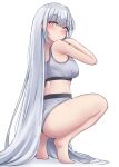  1girl absurdres ass blush bra breasts fuyutsuki_(kancolle) grey_bra grey_eyes grey_hair grey_pants highres kantai_collection kiritto long_hair looking_at_viewer medium_breasts pants simple_background solo sports_bra sportswear squatting underwear very_long_hair white_background 