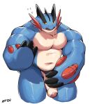  2022 absurd_res anthro blue_body clothed clothing foreskin genitals hi_res male muscular muscular_male nintendo penis pok&eacute;mon pok&eacute;mon_(species) signature simple_background skimpy solo swampert video_games white_background zfou 