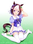  1girl :d animal_ears arm_up bashen_chenyue blue_bow blue_shirt blush bow braid breasts brown_hair character_name commentary_request ear_bow frilled_skirt frills happy_birthday highres holding horse_ears horse_girl horse_tail knees_together_feet_apart looking_at_viewer multicolored_hair no_shoes on_grass pleated_skirt puffy_short_sleeves puffy_sleeves purple_bow purple_eyes school_uniform shirt short_sleeves sitting skirt small_breasts smile solo special_week_(umamusume) tail thighhighs tracen_school_uniform two-tone_hair umamusume wariza white_background white_hair white_legwear white_skirt 
