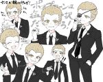  ! !! 1boy :d bangs black_jacket black_necktie black_pants blonde_hair danganronpa_(series) danganronpa_2:_goodbye_despair food formal freckles grey_background grin hand_up happy highres holding holding_food jacket jewelry kuzuryuu_fuyuhiko long_sleeves looking_at_viewer male_focus multiple_views necktie omochi_ksw open_clothes open_jacket orange_eyes pants popcorn print_eyepatch ring short_hair simple_background smile suit teeth translation_request upper_teeth 