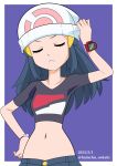  1girl alternate_costume arm_up beanie black_hair black_shirt bracelet closed_eyes closed_mouth commentary_request dated dawn_(pokemon) frown hainchu hair_ornament hairclip hand_on_hip hat highres jewelry long_hair navel poke_ball_print pokemon pokemon_(anime) pokemon_dppt_(anime) poketch shirt short_sleeves twitter_username watch white_headwear wristwatch 