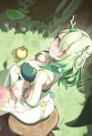  1girl absurdres antlers apopo apple breasts ceres_fauna cleavage food from_above fruit golden_apple green_hair highres hololive hololive_english large_breasts leaf long_hair looking_at_viewer looking_up mole mole_under_eye sitting solo thighhighs tree_stump virtual_youtuber white_legwear yellow_eyes zettai_ryouiki 